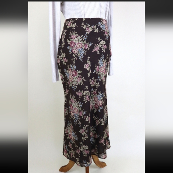 90s Vintage Ralph Lauren Brown Floral Chiffon Autumnal Skirt - Picture 2 of 8